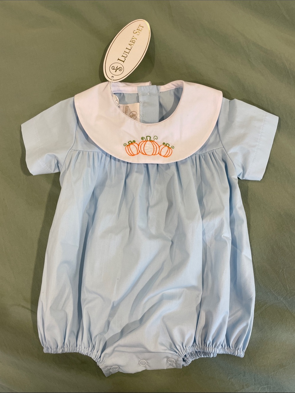 New Lullaby Set Blue Pumpkin Embroidered Bubble Romper
